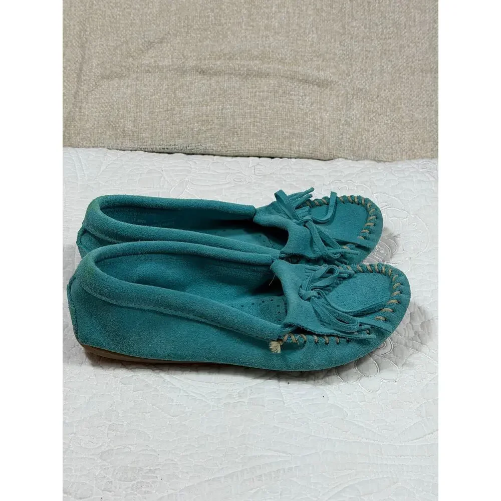 Minnetonka Women 7.5M Blue Leather Hardsole Slipper Moccasin Comfort Indoor Shoe